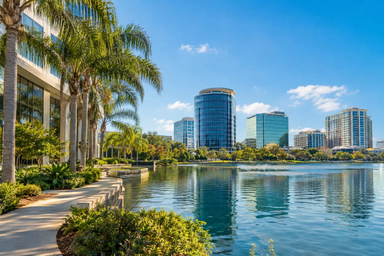 Palm-lined lakefront path in downtown Orlando