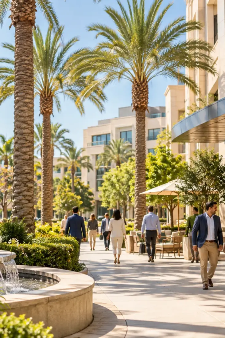 Palm-lined shopping street in Anaheim