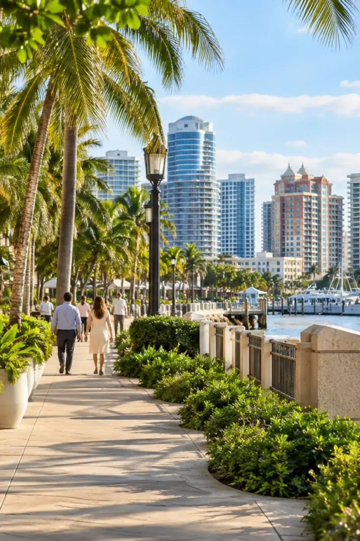 Palm-lined waterfront walk in Florida