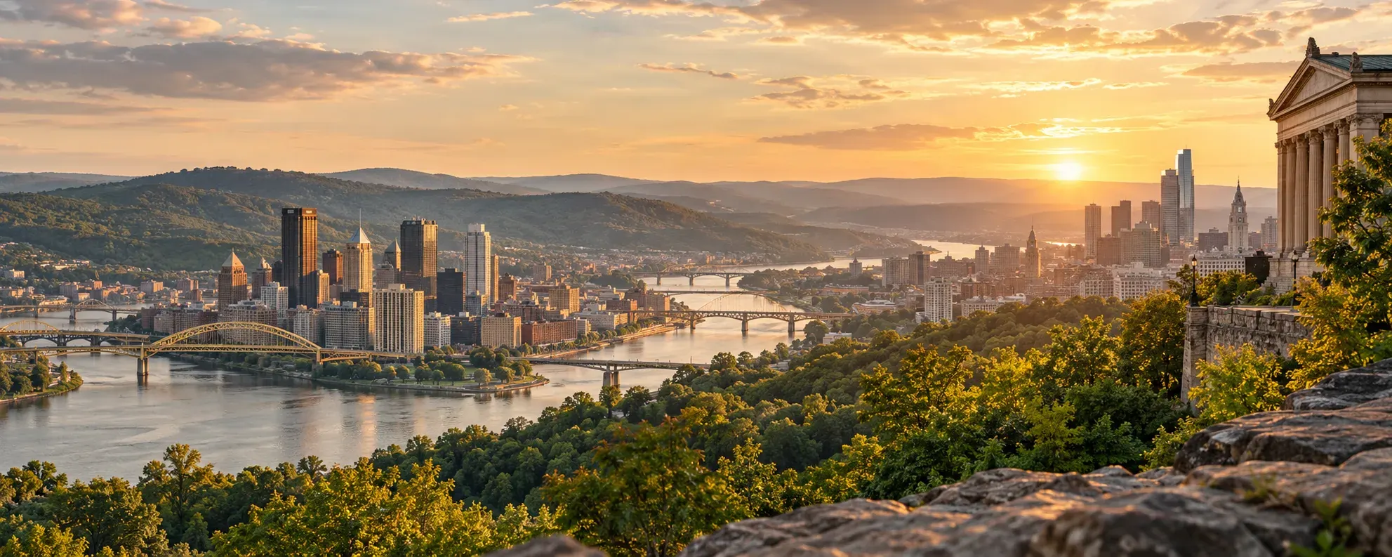 Pennsylvania river valley and city at sunset, where DevSolutionsAI provides AI services in Pennsylvania