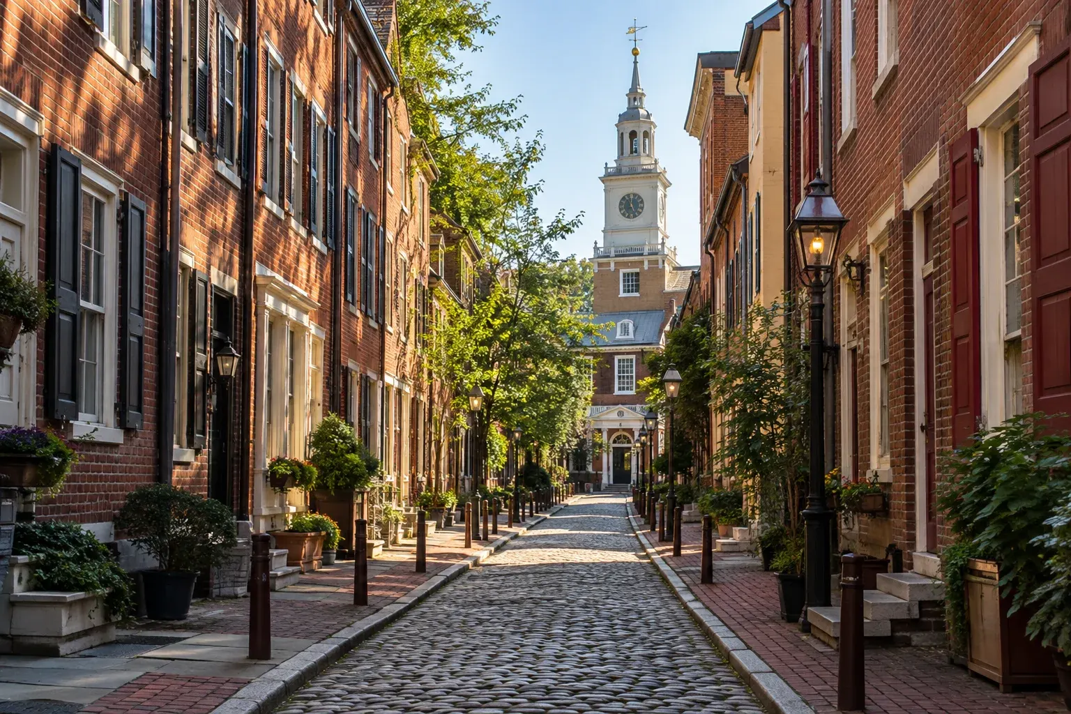 Cobblestone street leading to Independence Hall in Philadelphia