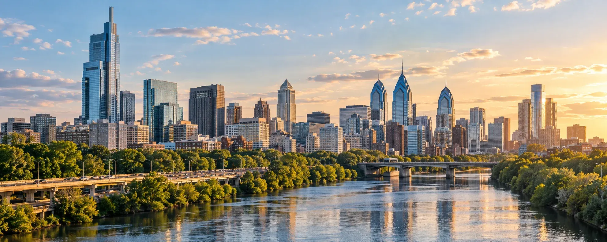 Philadelphia skyline above the Schuylkill River, where DevSolutionsAI provides AI services in Philadelphia