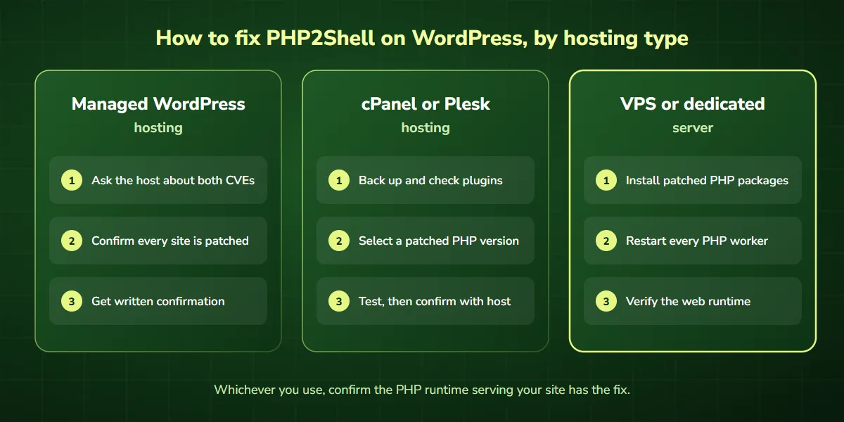 How to fix PHP2Shell on WordPress by hosting type: managed WordPress hosting, cPanel or Plesk, and VPS or dedicated server