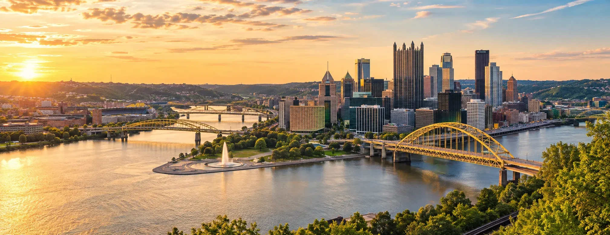 Pittsburgh skyline and bridges where the rivers meet, where DevSolutionsAI provides AI services in Pittsburgh