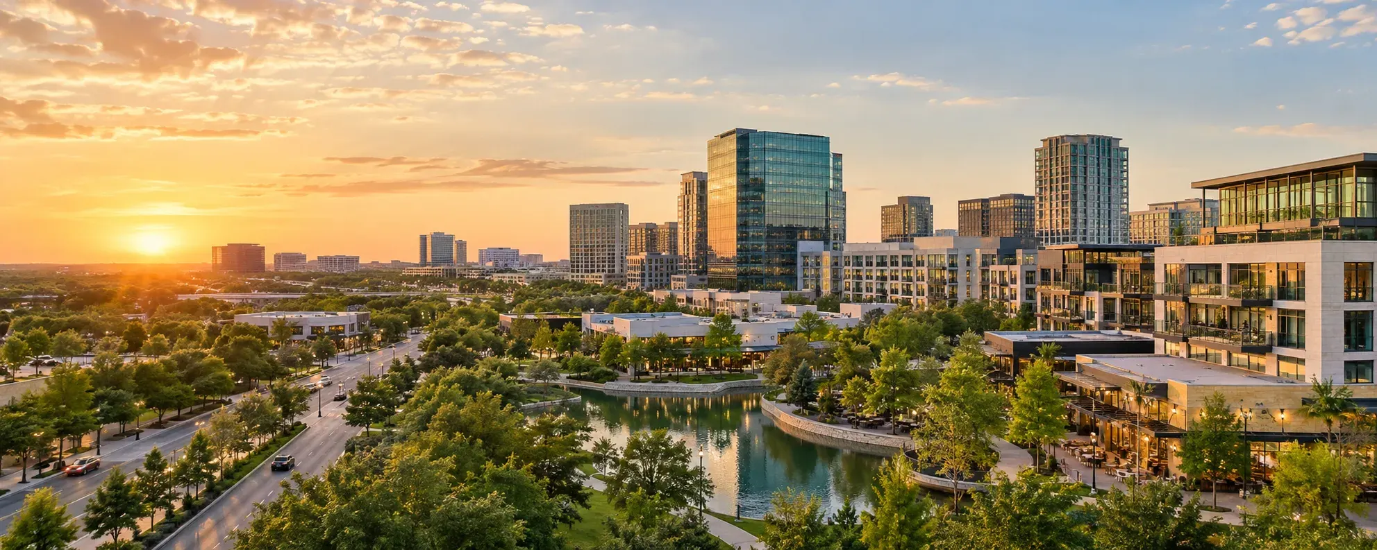 Plano corporate campus skyline at sunset, where DevSolutionsAI provides AI services in Plano