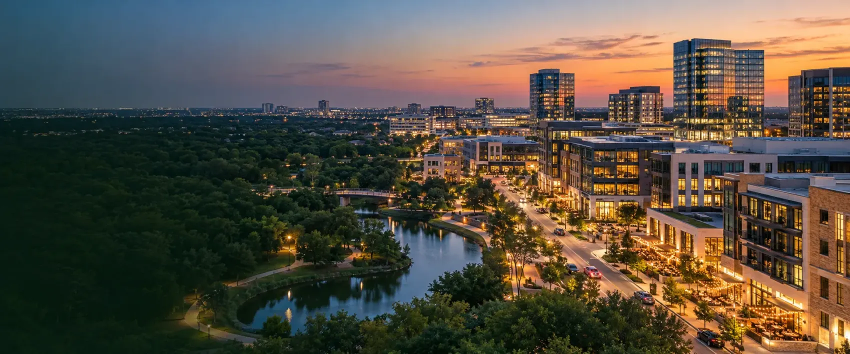 Plano skyline at dusk over the trees