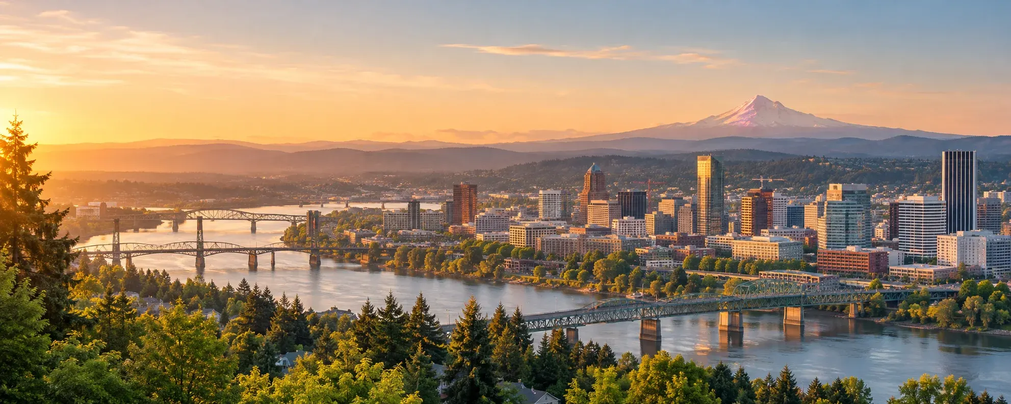 Portland skyline and bridges with Mount Hood at sunset, where DevSolutionsAI provides AI services in Portland
