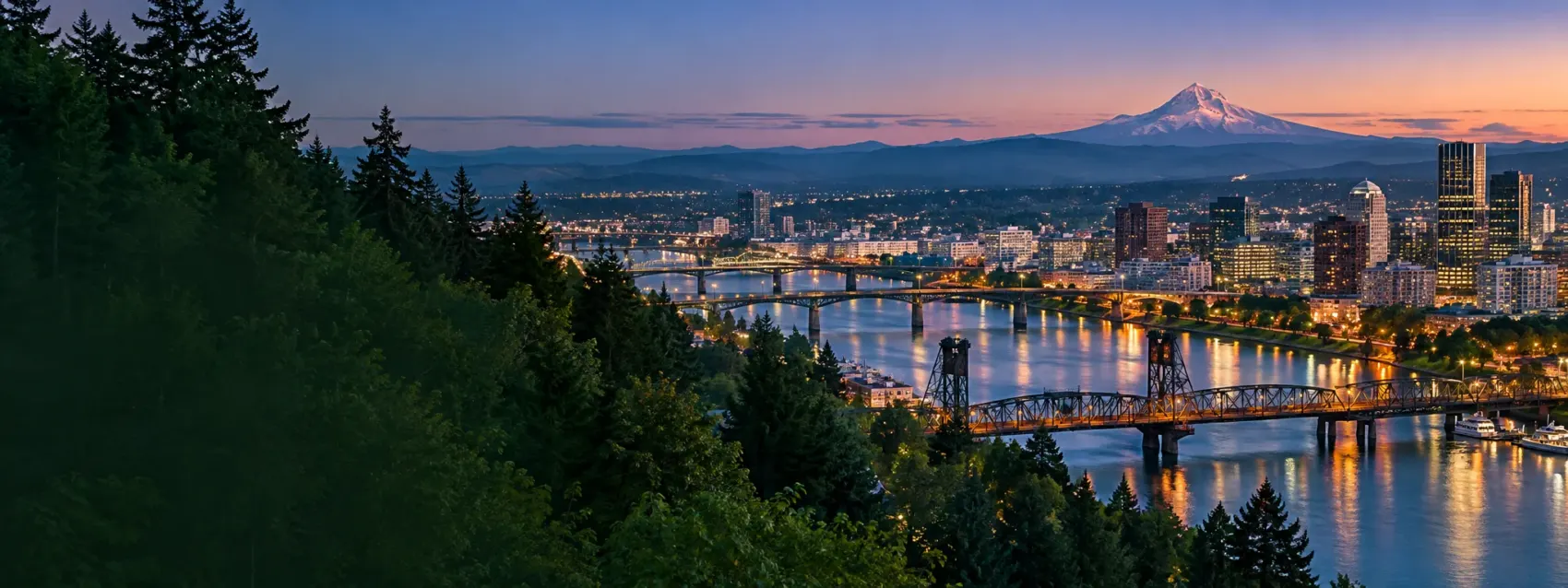 Portland skyline at night with Mount Hood