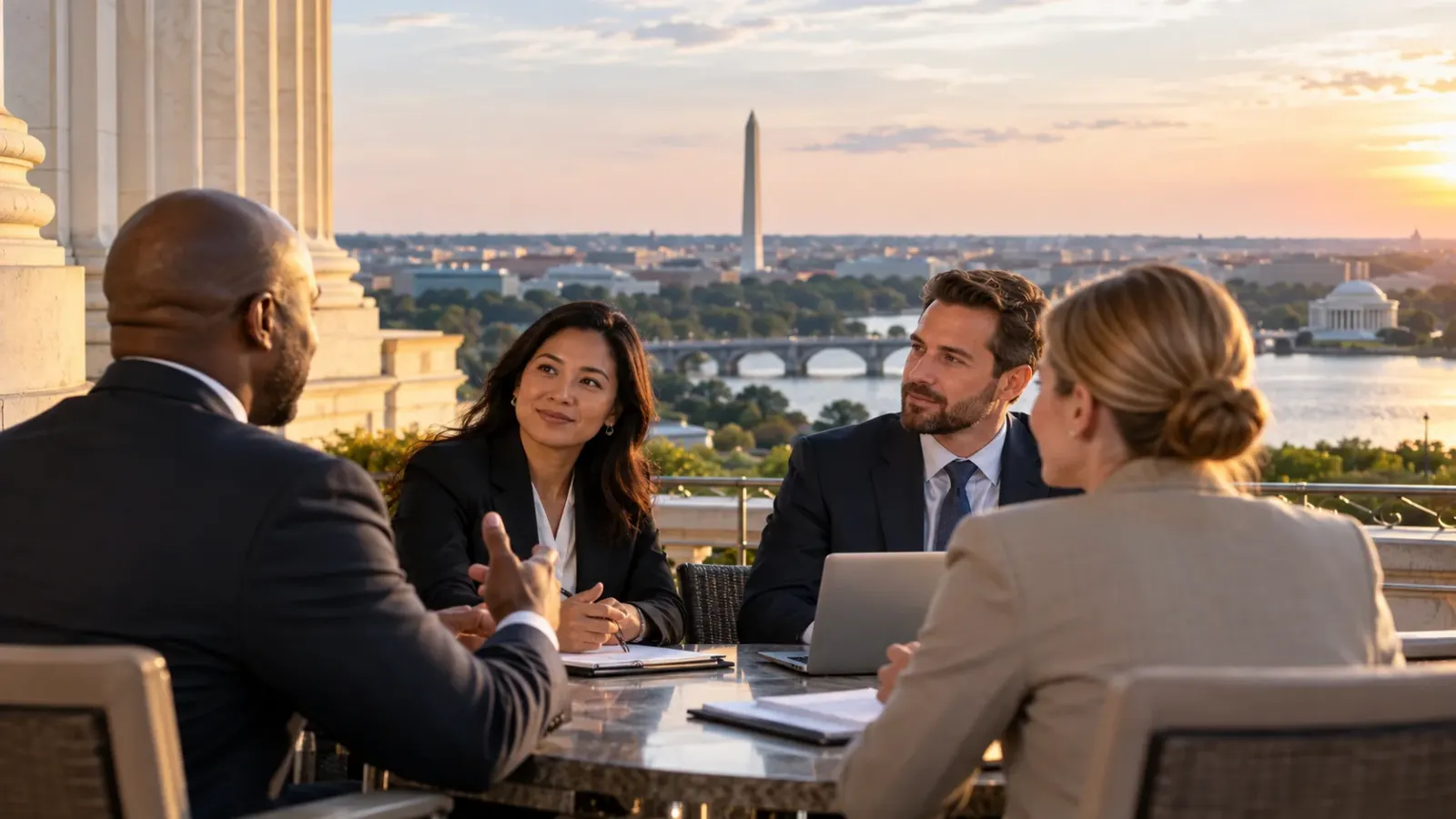 Professionals meeting in a Washington office overlooking the Mall