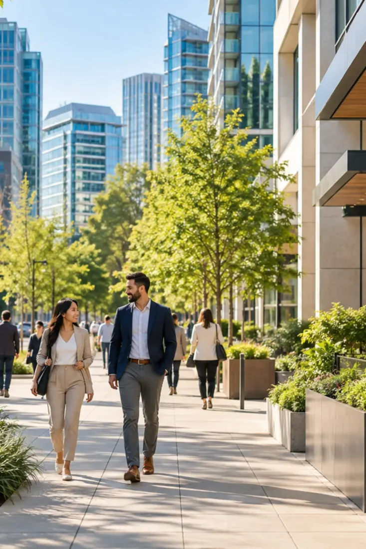 Professionals walking past Bellevue office towers