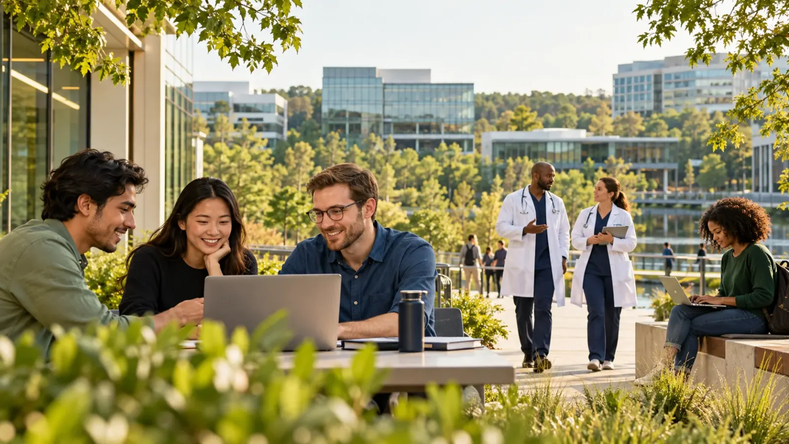 Lab and office workers on a Research Triangle campus