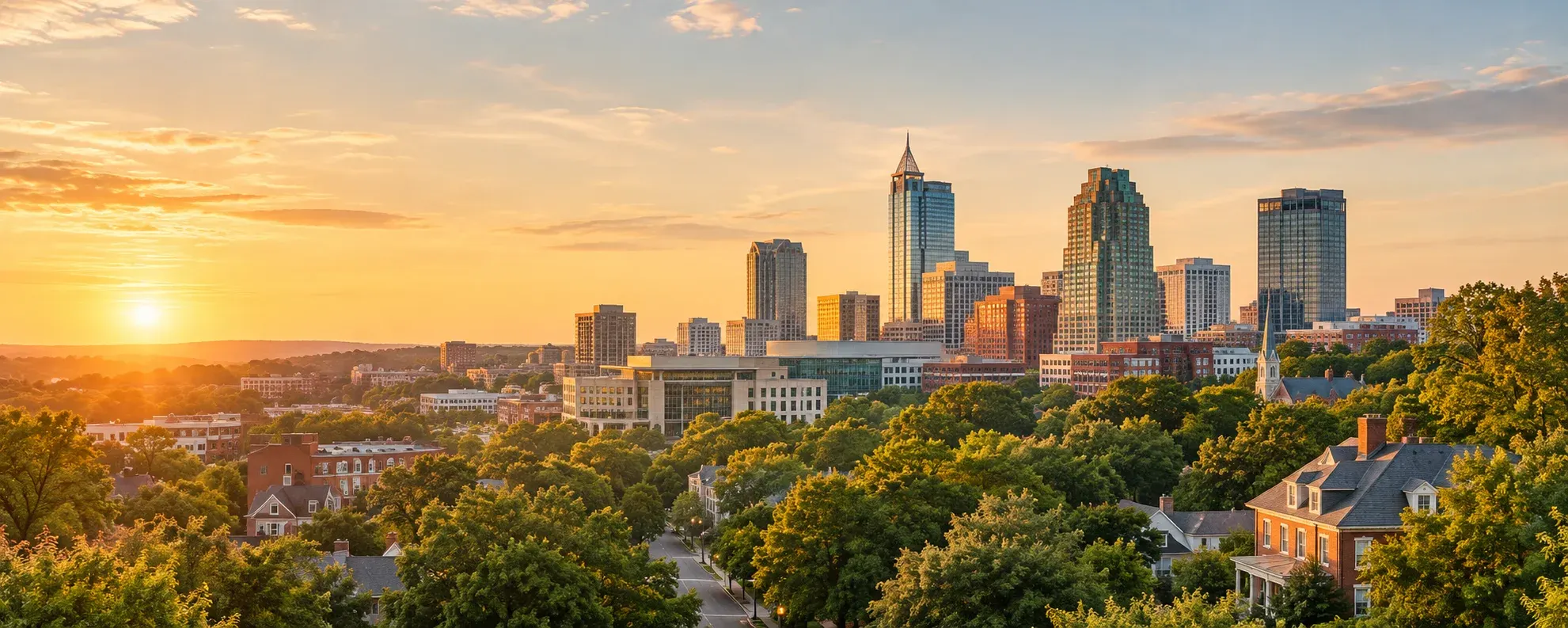 Raleigh skyline above the trees at sunset, where DevSolutionsAI provides AI services in Raleigh