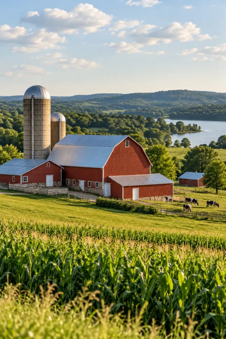 Red dairy barn and cornfield in Wisconsin