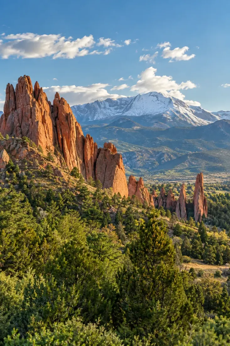 Red rock formations below snowy Colorado peaks