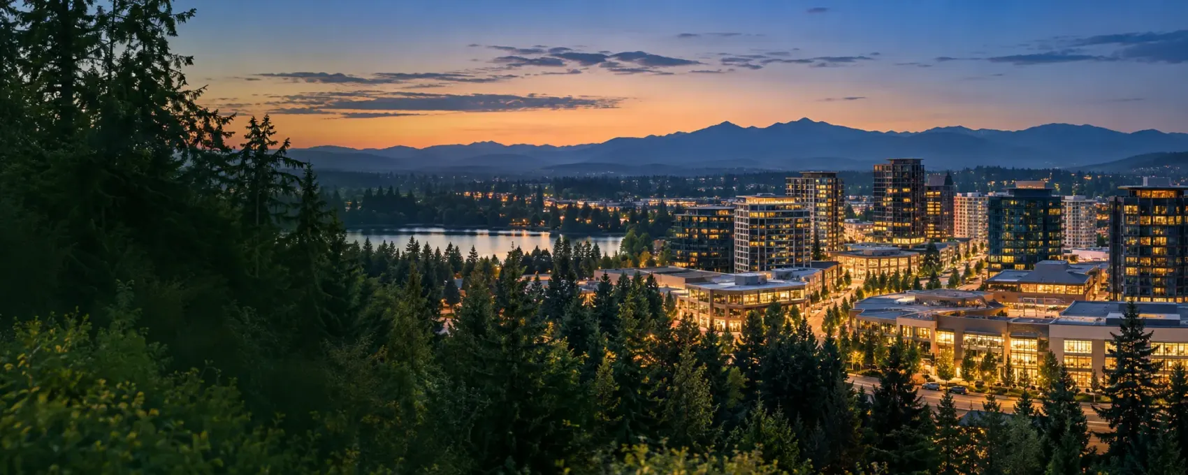 Redmond lights at dusk among the forests