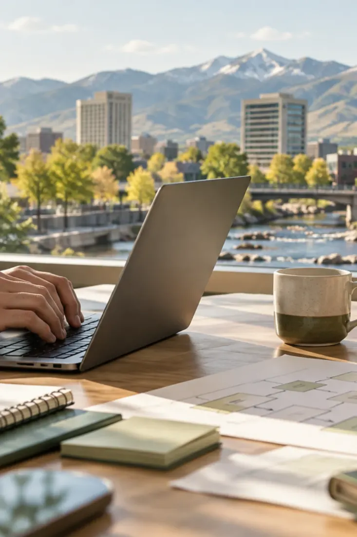 Laptop on a desk with the Sierra Nevada in view