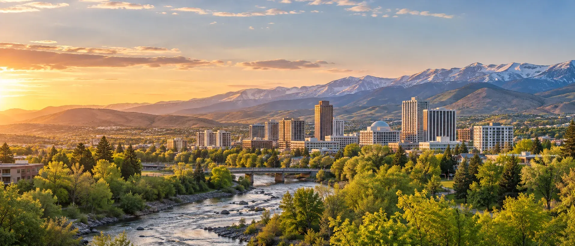 Reno skyline along the Truckee River at sunset, where DevSolutionsAI provides AI services in Reno