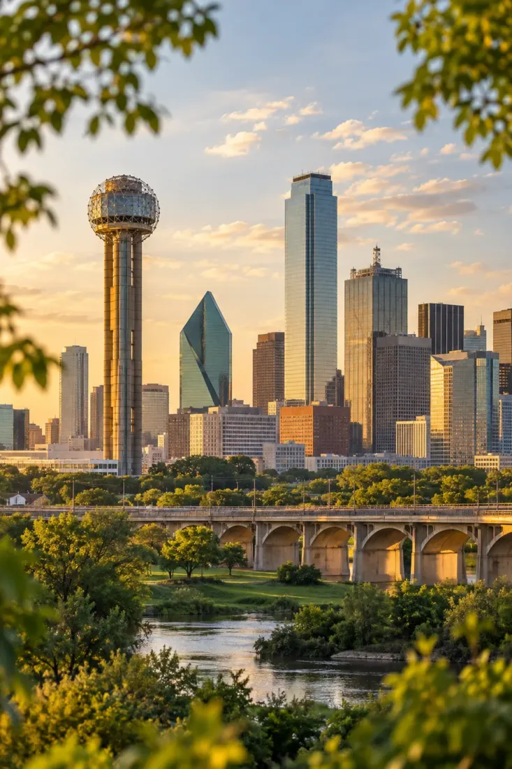 Reunion Tower and the Dallas skyline at sunset