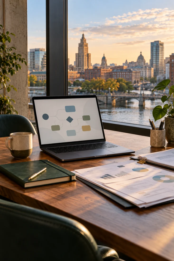 Laptop on a desk with a Providence skyline view