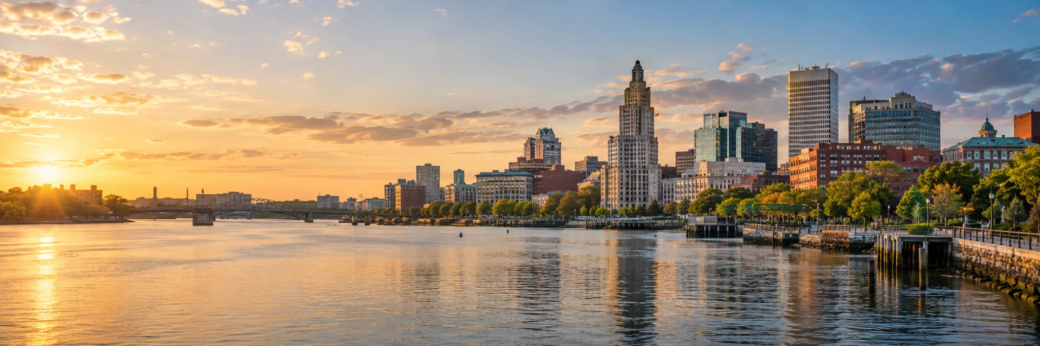 Providence skyline across the water at sunset, where DevSolutionsAI provides AI services in Rhode Island