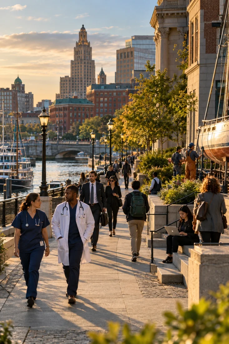 Workers walking a Providence riverside street