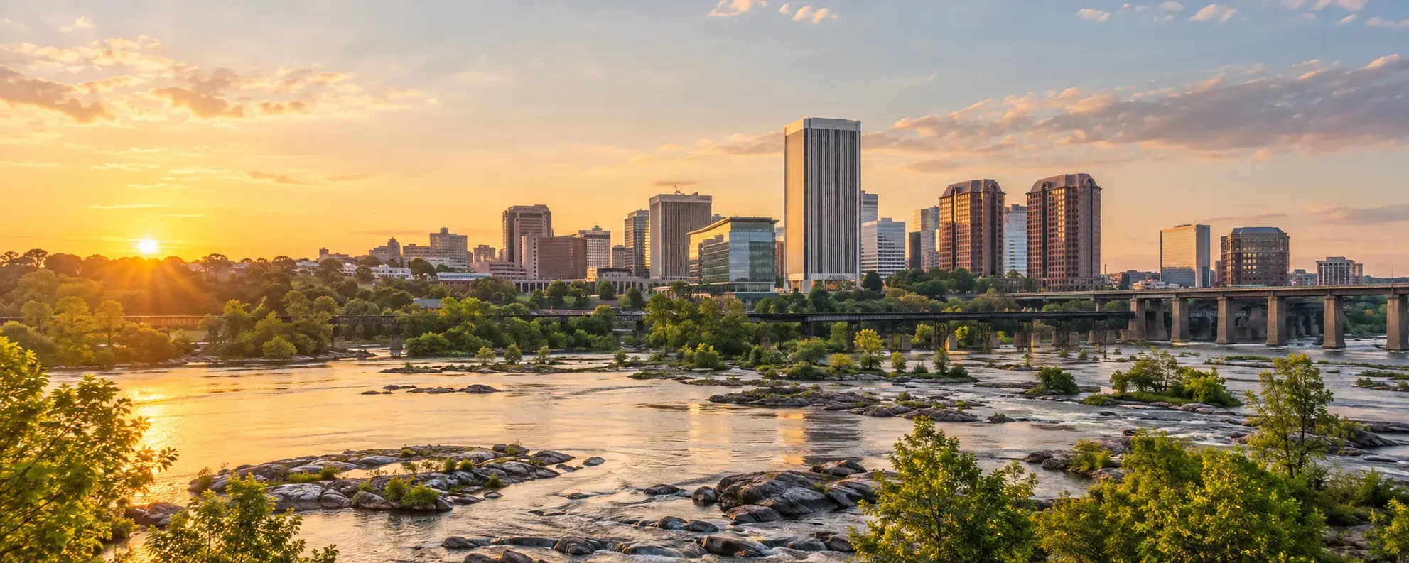 Richmond skyline above the James River at sunset, where DevSolutionsAI provides AI services in Richmond
