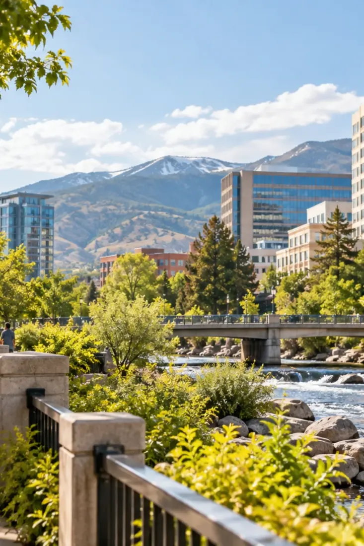 Riverside path in downtown Reno with mountains behind