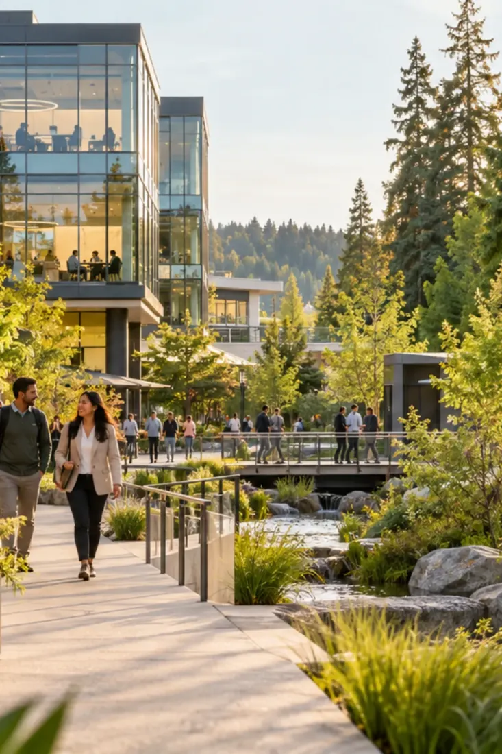 Riverside path past modern Redmond offices