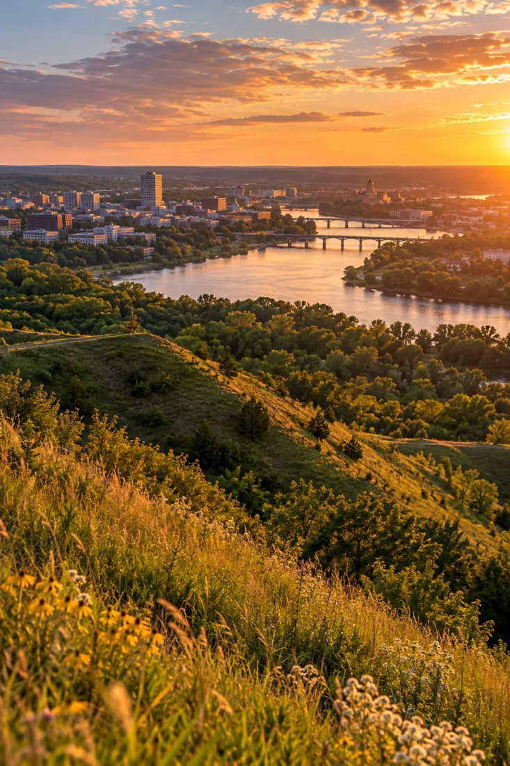 Rolling Iowa prairie above a river at sunset