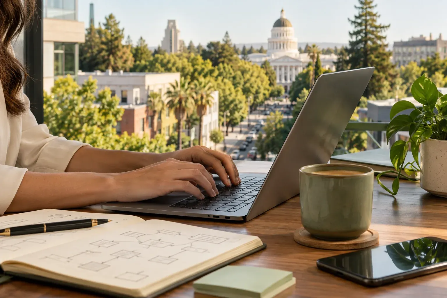 Laptop on a desk overlooking the California State Capitol