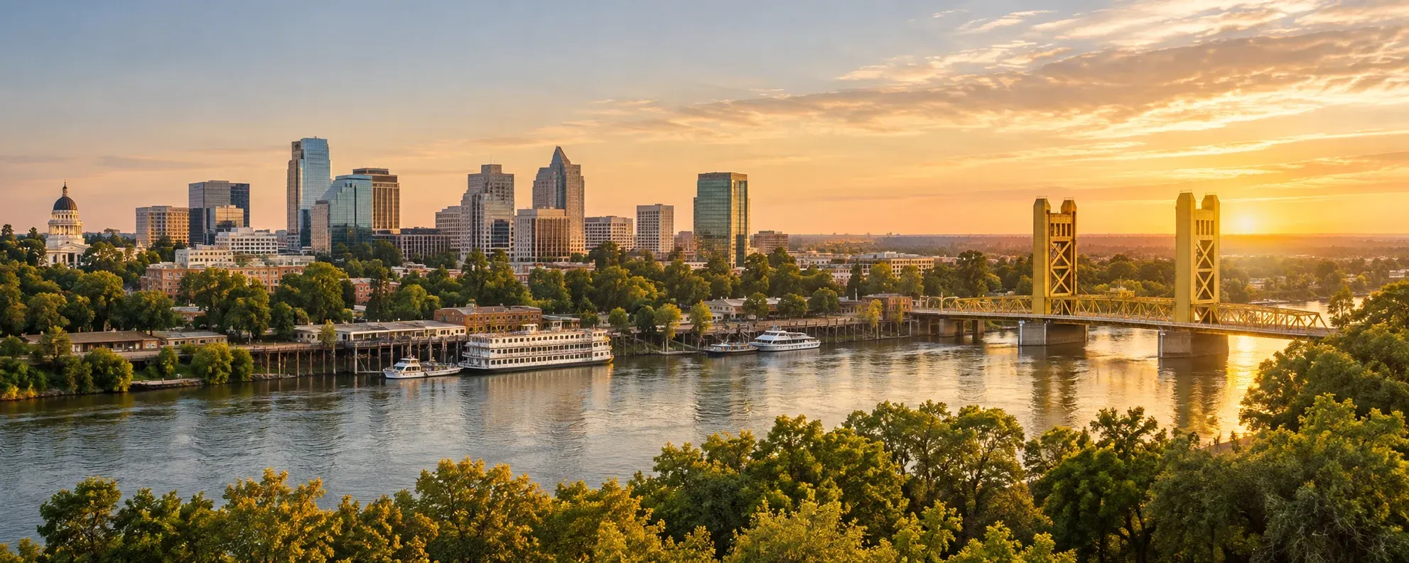 Sacramento skyline and Tower Bridge on the river, where DevSolutionsAI provides AI services in Sacramento