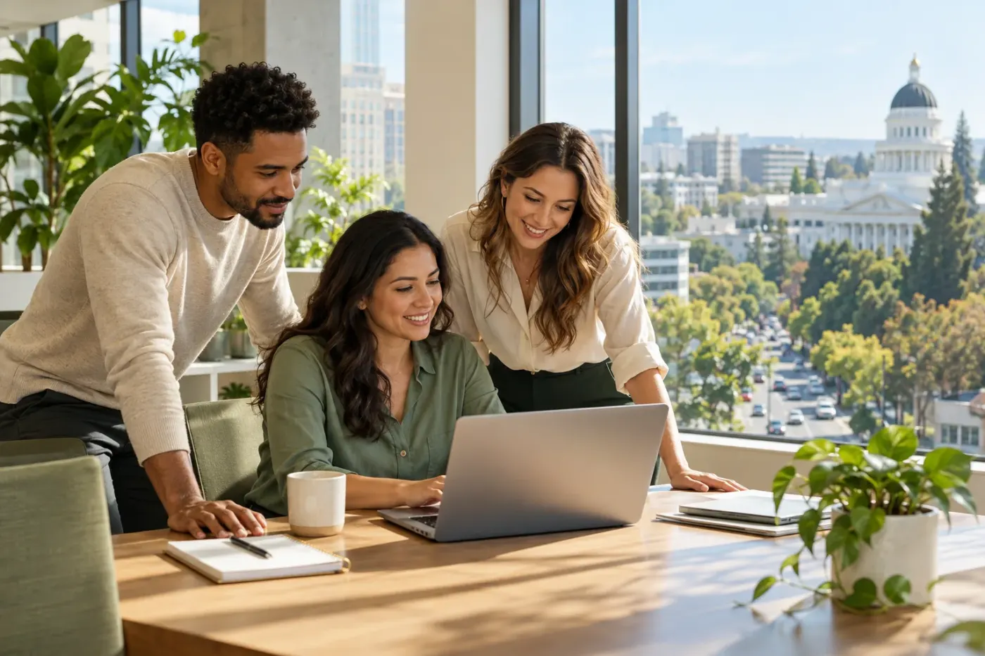 Team working at a laptop with the California Capitol in view