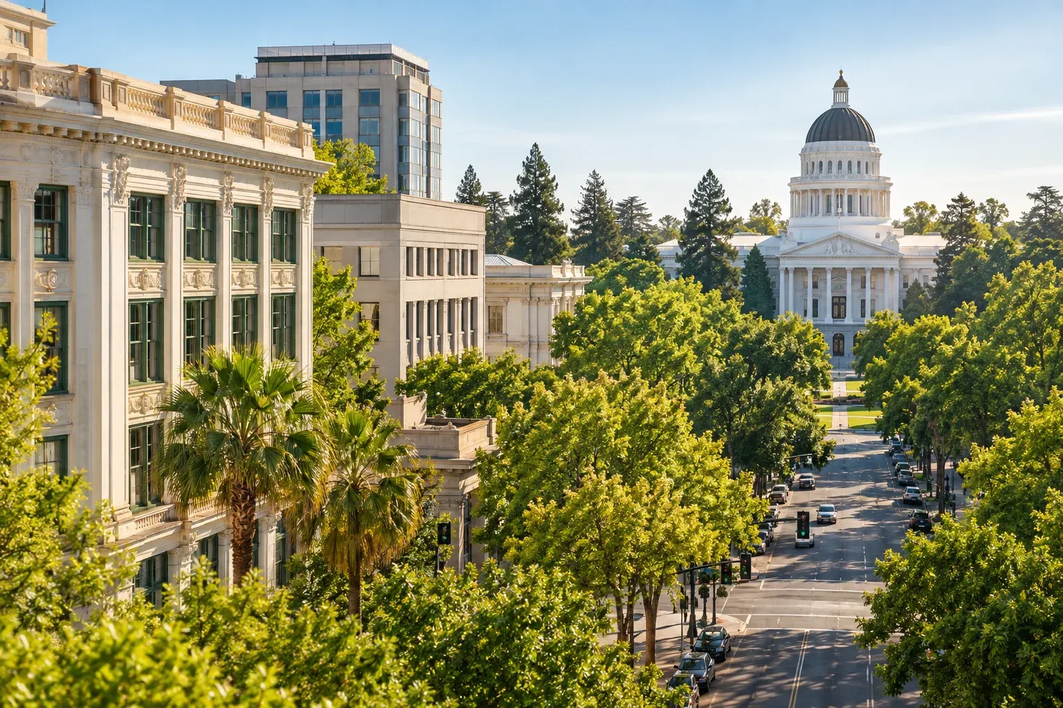 Tree-lined avenue leading to the California State Capitol