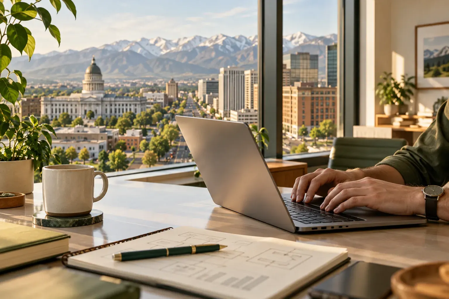 Laptop on a desk with a view of the Utah State Capitol