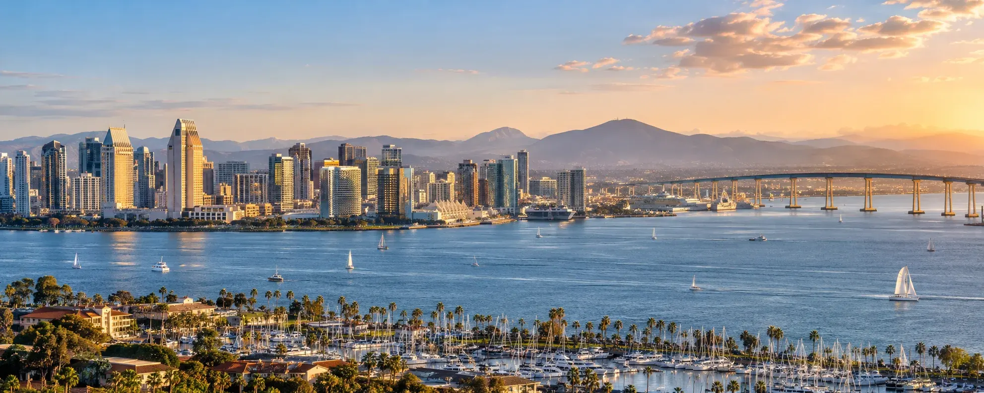 San Diego skyline and bay at sunset, where DevSolutionsAI provides AI services in San Diego