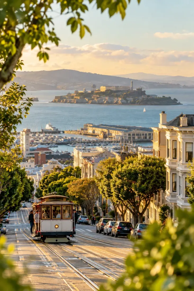San Francisco cable car street with Alcatraz in the bay