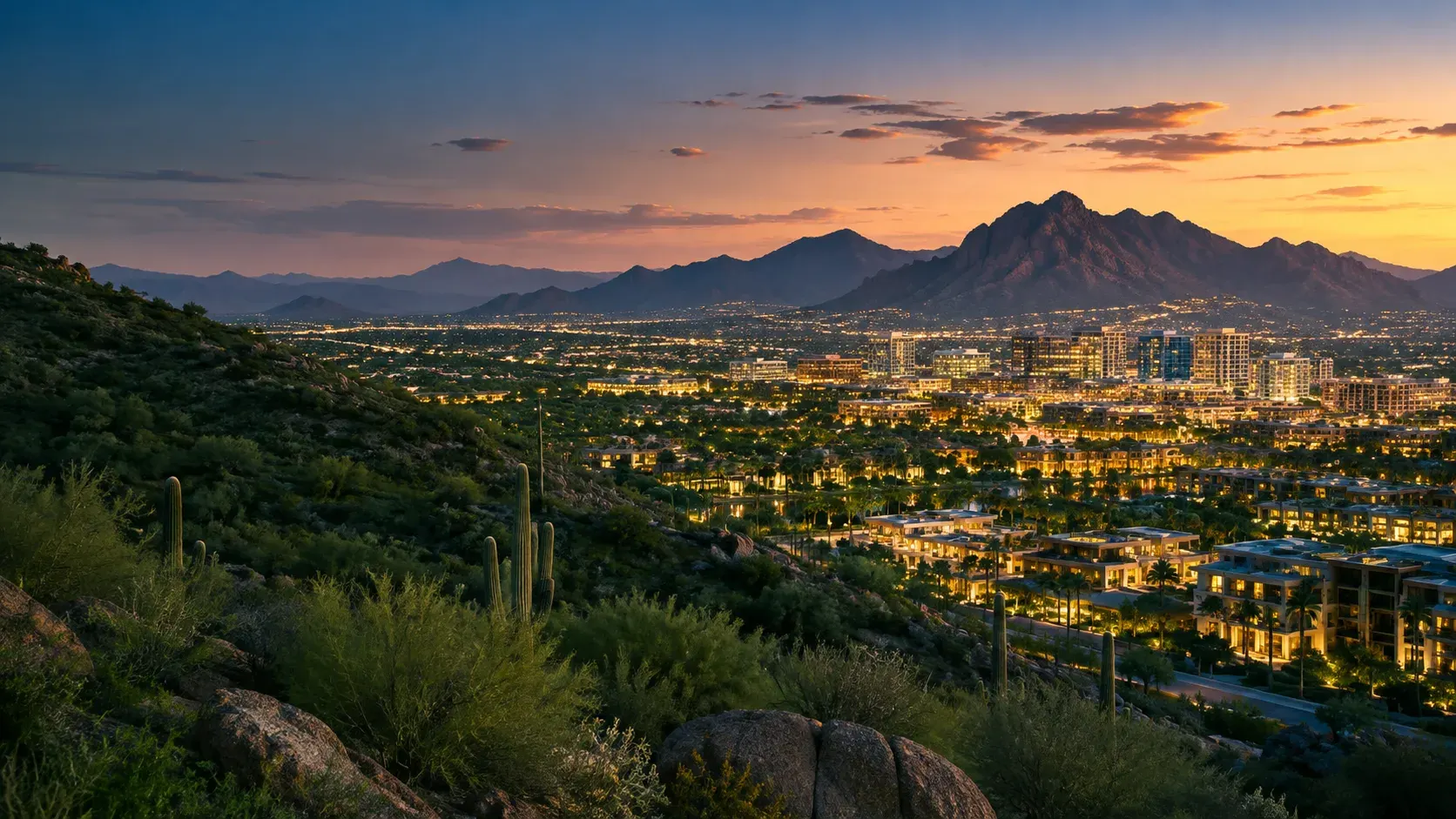 Scottsdale city lights at dusk below the mountains