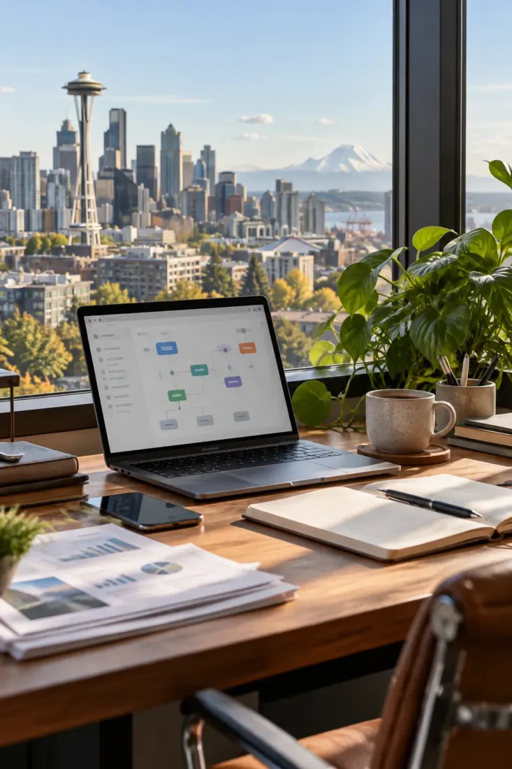 Laptop on a desk overlooking the Space Needle