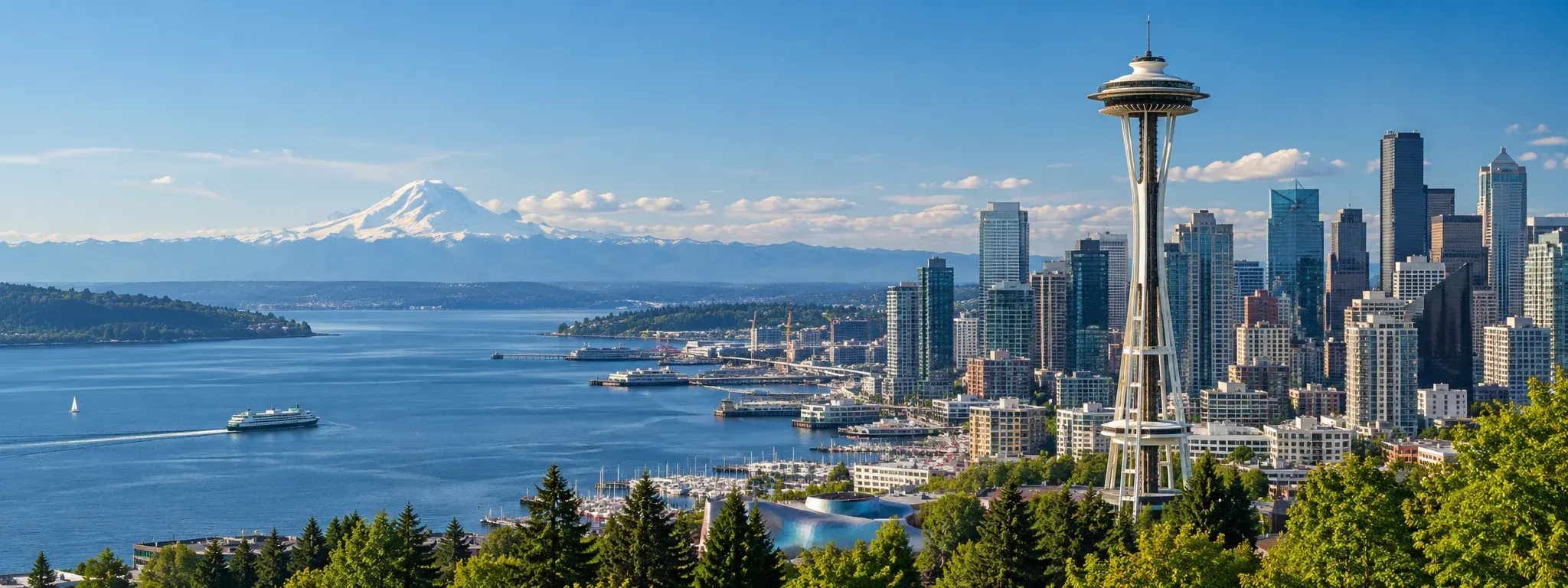 Seattle skyline with the Space Needle and Mount Rainier, where DevSolutionsAI provides AI services in Seattle