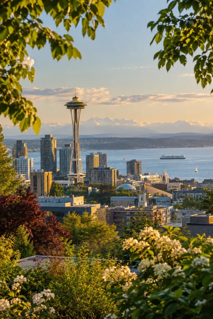 Space Needle and Elliott Bay at sunset
