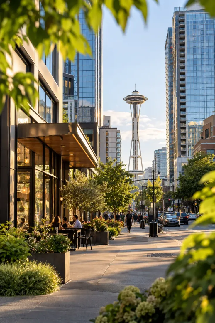 Seattle street with the Space Needle in view