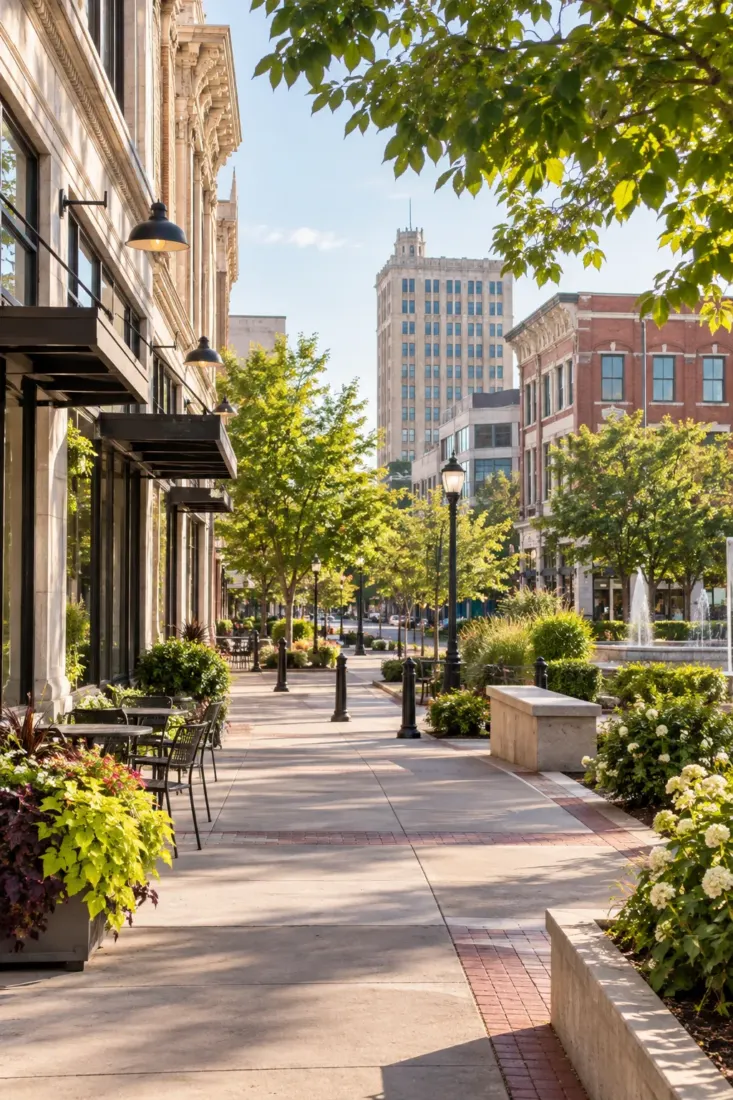 Shaded downtown street in a Missouri city