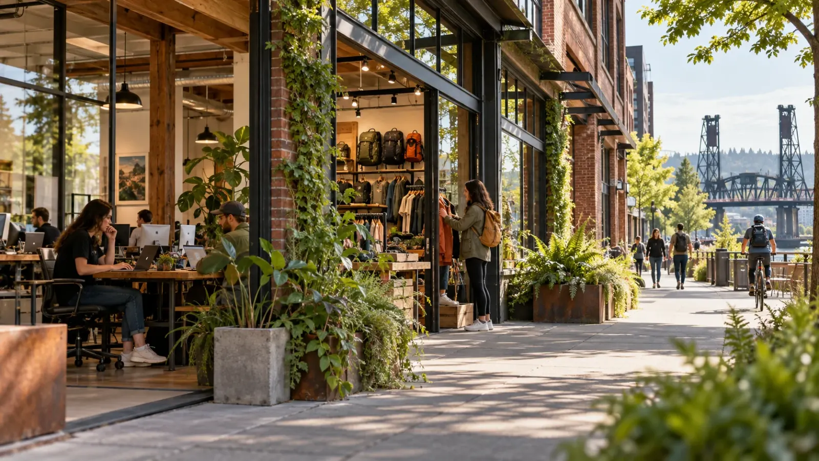 Shops and cafes along a Portland street