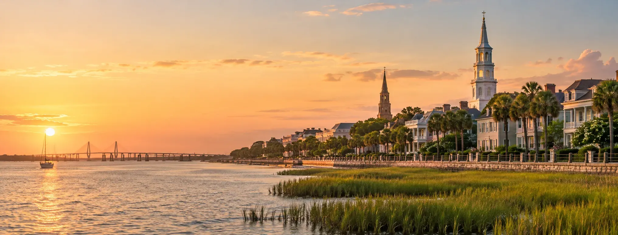 Charleston waterfront and church spires at sunset, where DevSolutionsAI provides AI services in South Carolina