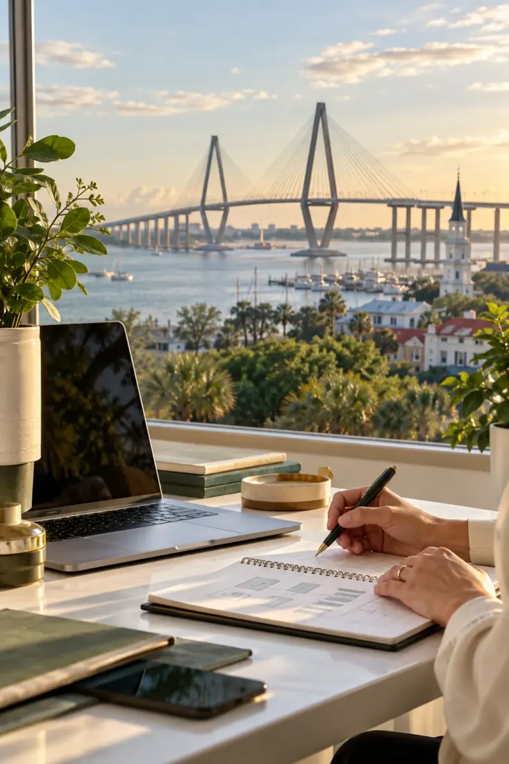 Laptop on a desk overlooking a Charleston bridge