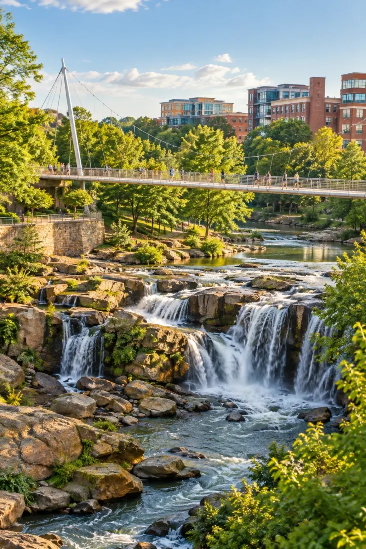 Waterfall and footbridge in downtown Greenville