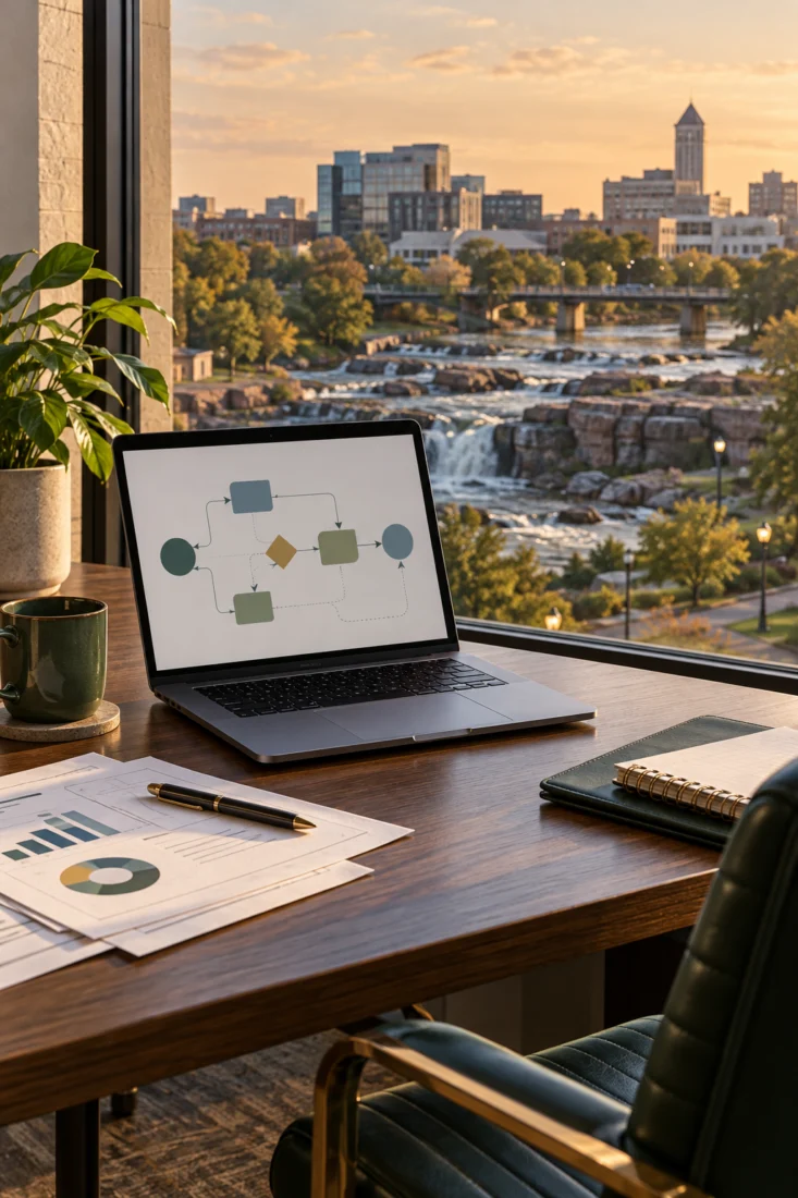 Laptop on a desk with a Sioux Falls view