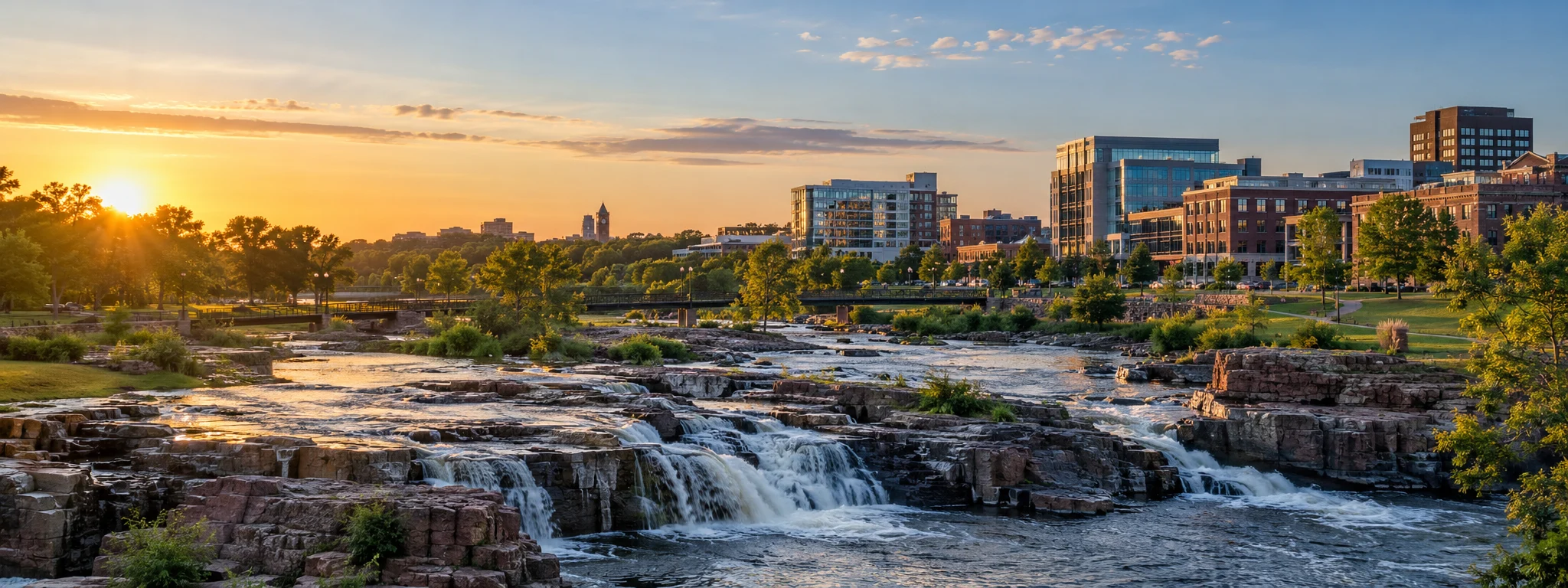 Sioux Falls skyline above the waterfalls, where DevSolutionsAI provides AI services in South Dakota