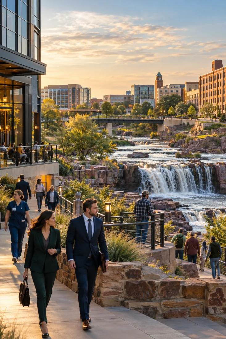 Workers walking past the falls in Sioux Falls