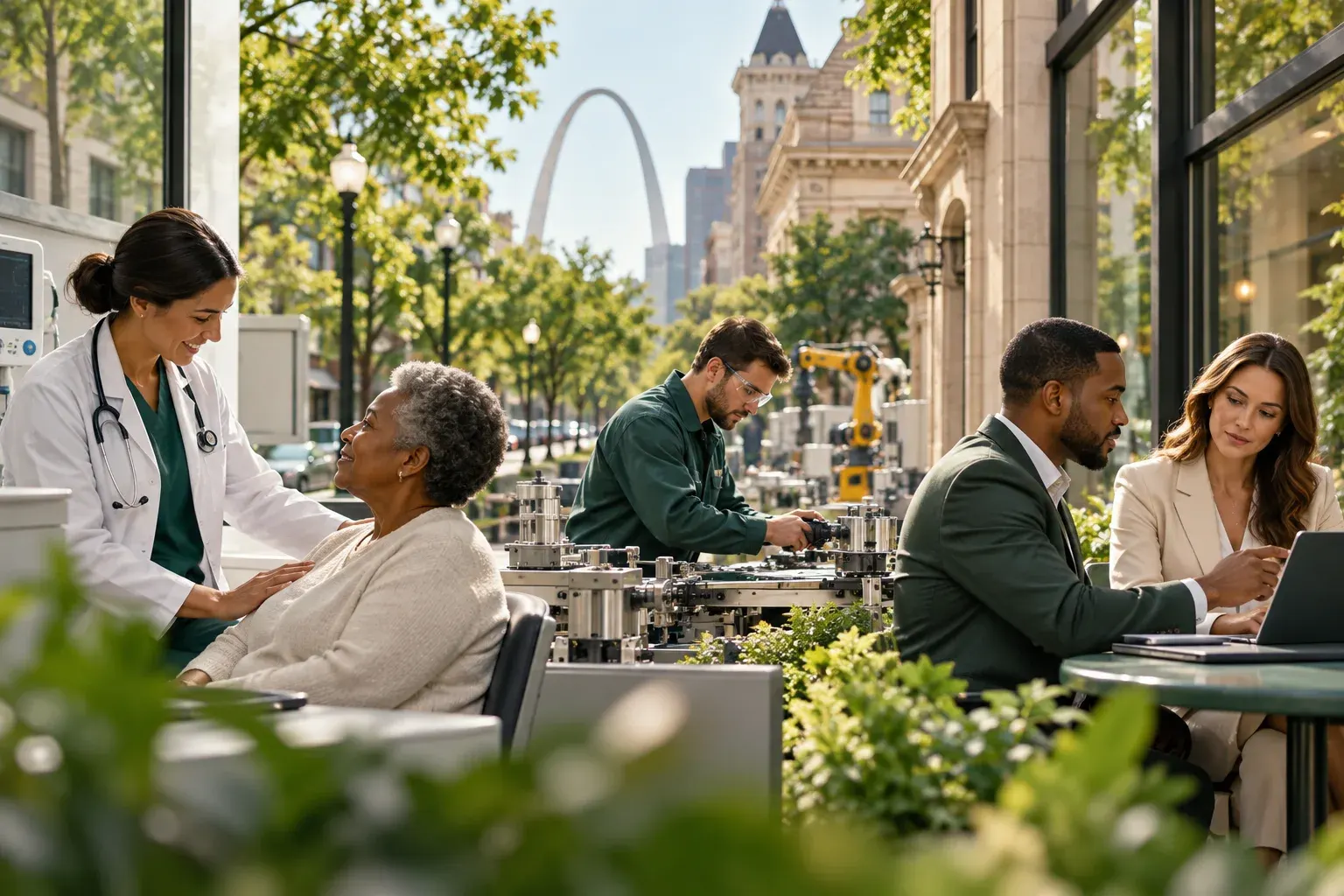 Healthcare and office workers with the Gateway Arch behind